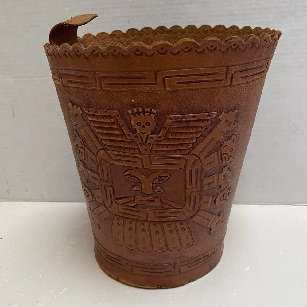 Embossed Leather Basket Hand Tooled Aztec Tribal Plywood Bottom Decor Western